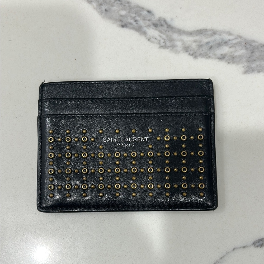 Saint Laurent Black and Gold Studded Key Card Holder
